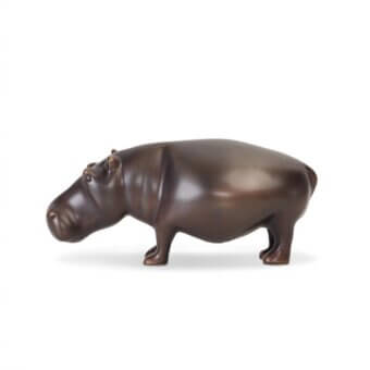 Bronze hippo sculpture, walking pose, textured finish, rounded body, broad head, small dark eyes, white seamless background.