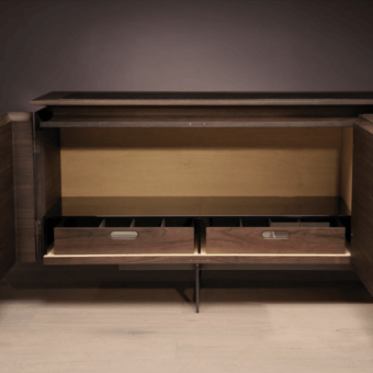 Walnut credenza with two drawers and open compartment, featuring light wood handles and interior paneling, part of Philippe collection.