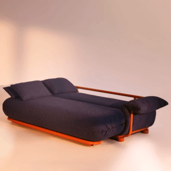 Superior Bolzan Letti Mate sofabed with dark blue textile upholstery and rounded wood frame crafted in Italy with a matte orange finish