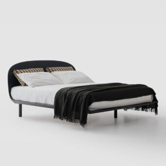 Meticulous Bolzan Letti Nest bed crafted with broad rounded ash wood and dark textile, showcasing a contemporary low profile design