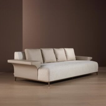 Exclusive Bellavista George V sofa crafted in Italy with woven beige textile and lustrous brass base