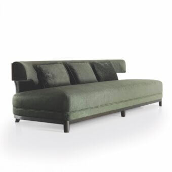 Exceptional Bellavista Grace Wood sofa presents a modern silhouette with muted green textile upholstery and dark walnut wood frame