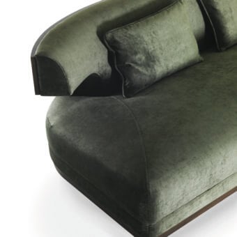 Lavish Bellavista Grace Wood sofa showcases a rounded contemporary design upholstered in dark green textile with a walnut veneered base crafted in Italy