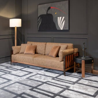 Superior Formitalia Daniela sofa with light brown woven textile upholstery and sleek wood armrests built with a metal structure