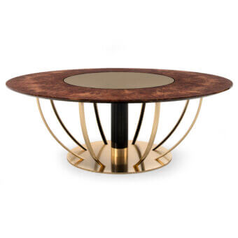 Exceptional Formitalia Dome table with brown wood veneer displaying a distinctive burl and lustrous gold lacquered base