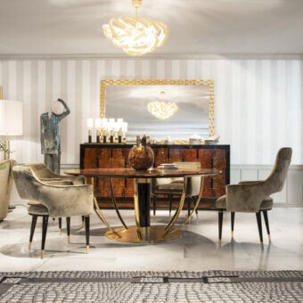 Lavish Formitalia Dome table with dark brown wood veneer and sleek black metallic lacquering accented with gold details