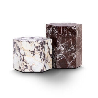 Exceptional Formitalia Exa side table with burgundy and white marble blocks built upon lacquered bases with glossy finishes