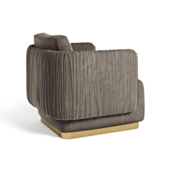 Elegant Formitalia Jacqueline lounge chair in muted brown fabric with gold lacquered base and vertical pleats