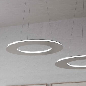 Superior Stillux Avalon suspension lamp with a circular steel structure and light gray finish diffusing warm light