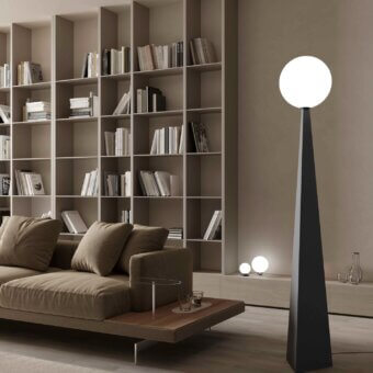 Elegant Stillux Glo floor lamp with a pyramid base in smooth steel and refined handmade blown glass lampshade with matte black finish