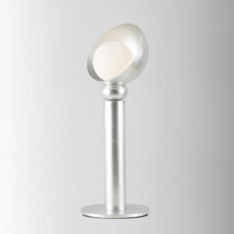 Elegant Stillux Helo table lamp with a silver finish and handmade matt white blown glass sphere enveloped in silver leaf metal
