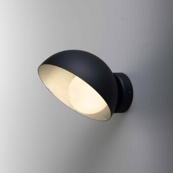 Elegant Stillux Helo wall lamp with handmade matt white blown glass enveloped in matte black metal with gold leaf interior