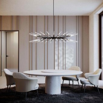 Exceptional Stillux Twig suspension lamp with radial design in black metal and frosted transparent glass diffusers