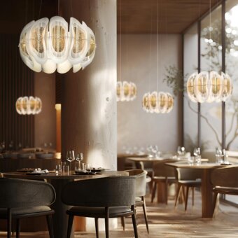 Superior Slamp Fiordlys suspension lamp with layered white shades and gold-toned textured interior crafted from Opalflex® and Lentiflex®