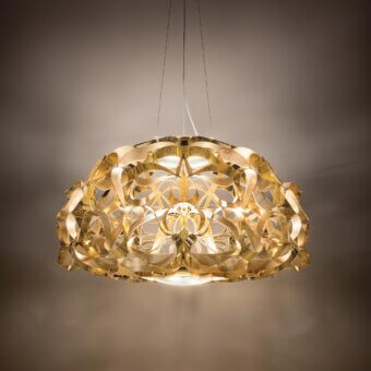 Distinguished Slamp Quantica suspension lamp with golden textile effect Opalflex® and glossy interwoven ribbon-like components