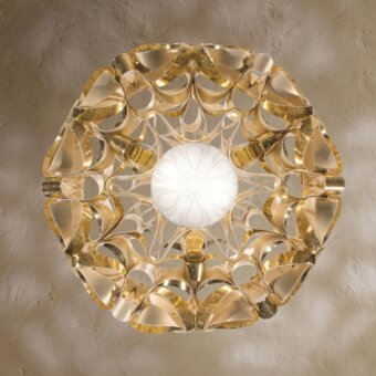 Distinguished Slamp Quantica suspension lamp with floral form crafted in golden textile effect Opalflex technopolymer