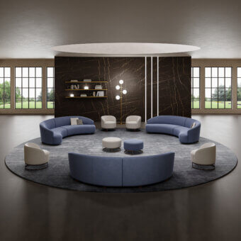 Superior Swan Italia Venere sectional with contemporary circular design and plush blue textile upholstery crafted in Italy