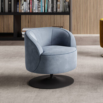 Exceptional Swan Italia Venus lounge chair with light blue-gray textile upholstery and darker blue gros-grain piping crafted in Italy