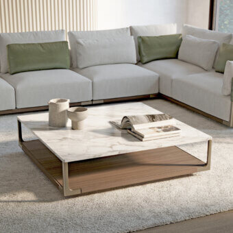 Exclusive Turri Drum coffee table with white marble-like top and medium-brown wood shelf in bronze or light gold matte finish