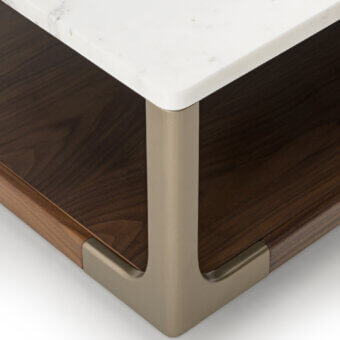 Exclusive Turri Drum coffee table with white marble top and dark brown wood lower shelf crafted with bronze metal profiles
