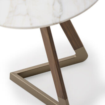 Superior Turri Drum side table with swirling marble top and geometric bronze-like metal with stained wood base