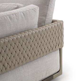 Exceptional Turri Drum sofa with walnut wood structure, metal details, light brown woven sides, and gray textile cushions