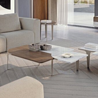 Superior Turri Soul coffee table with light metal legs and matte wood plus white marble-like top crafted with an asymmetrical design