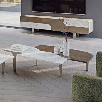 Distinguished Turri Soul coffee table with asymmetrical wood and white marble top supported by slim matte metal legs