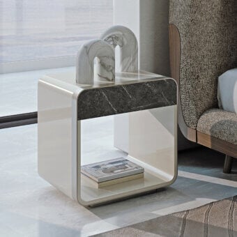 Distinguished Turri Soul nightstand with rounded edges and dark stone-like drawer front in glossy bright white finish