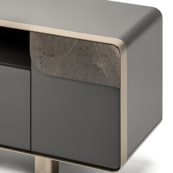 Elegant Turri Soul sideboard with cool gray tones, marble inserts and a striking metal frame