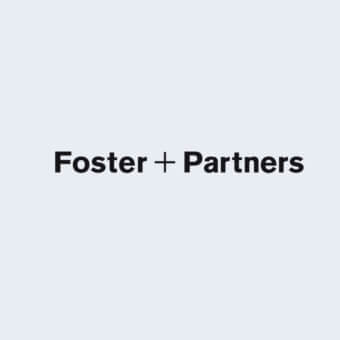 Foster + Partners logo, pale gray background, centered black sans-serif text, minimalist graphic design, consistent visual identity.