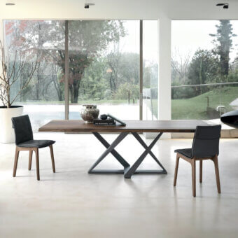 Exceptional Bontempi Millennium table with a geometrically shaped dark gray metal base and medium-tone brown wood tabletop crafted with a smooth finish