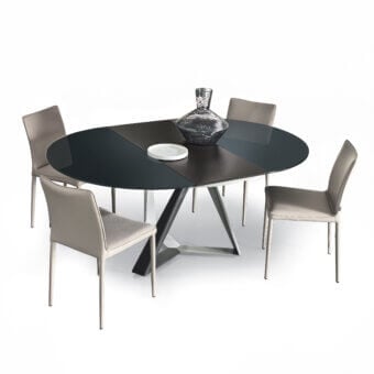 Distinguished Bontempi Millennium round extendable table with dark gray and silver metal base and glossy segmented oval tabletop