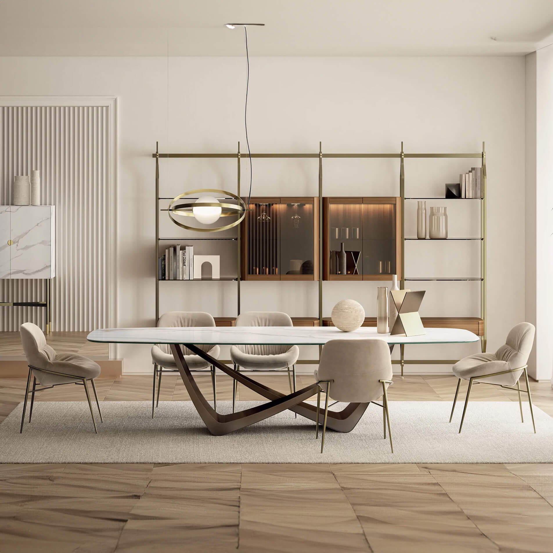 Dining table with glass top and dark wood base, surrounded by six beige upholstered chairs, under a gold pendant light in a modern dining room.