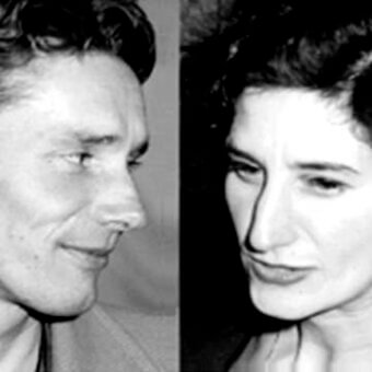 Black and white composite portrait of Burtscher and Bertolini, featuring a man’s profile and a woman’s forward-facing contemplative expression.