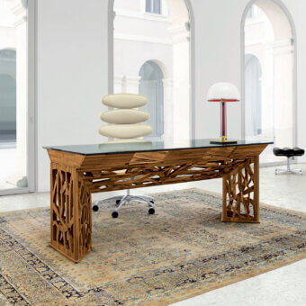 Distinguished Mascheroni Delta desk with rectangular crystal top and solid walnut base, showcasing a hand-applied natural oil finish