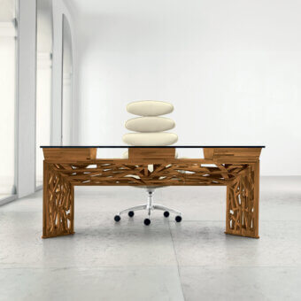Distinguished Mascheroni Delta desk with crystal top and solid walnut strip structure finished with hand-applied natural oils