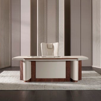 Elegant Mascheroni Planet desk built with curved birch plywood and solid wood, upholstered in light cream leather with dark brown accents