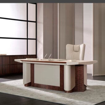 Distinguished Mascheroni Planet desk with geometric form and dark wood accents in matte off-white and horizontal grain detailing crafted in Italy