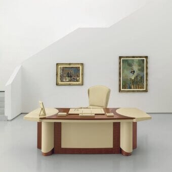 Superior Mascheroni Planet Special Edition desk built in medium brown wood with light cream synthetic elements and handmade refinish