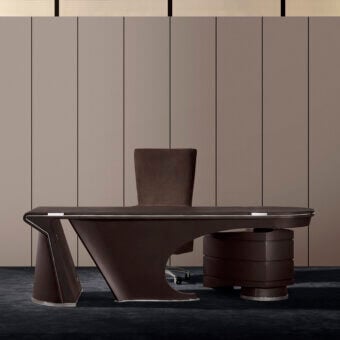 Elegant Mascheroni Prior desk crafted with multilayer wood, aluminum panels and curved plywood in a dark brown finish