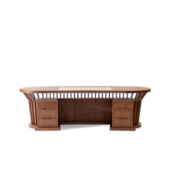 Distinguished Mascheroni Velasca desk crafted in Italy with Canaletto walnut and a matte finish offering integrated drawers