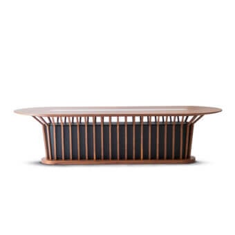 Superior Mascheroni Velasca conference table with elongated oval tabletop and unique cage-like wooden base crafted in Italy