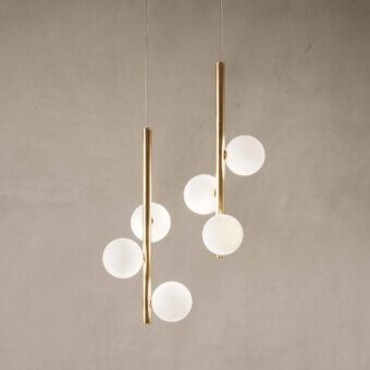 Distinctive Stillux Balloons suspension lamp with three matt white glass spheres and glossy golden metal stem