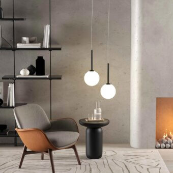 Superior Stillux Balloons suspension lamp with a matt white glass sphere and thin matte black metal stem