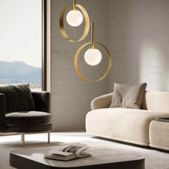 Superior Stillux Balloons suspension lamp with a gold-colored metal ring embracing a white glass diffuser and glossy finish