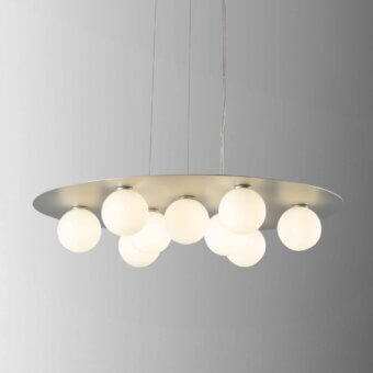 Distinguished Stillux Balloons suspension lamp with nine matt white glass spheres mounted on a light-toned metallic disc emitting warm light