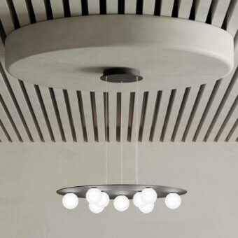 Superior Stillux Balloons suspension lamp with nine matt white glass spheres suspended from dark gray metal