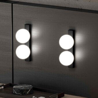 Harmonious Stillux Balloons wall lamp with matte white glass spheres and rectangular metal structure