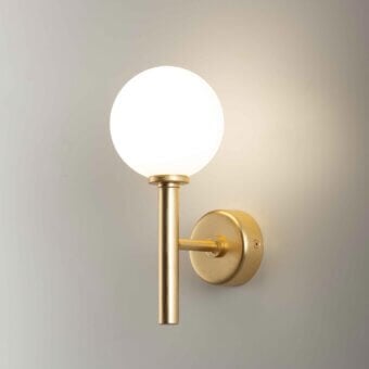 Elegant Stillux Balloons wall lamp crafted in Italy with spherical matt white glass and gold metal bars